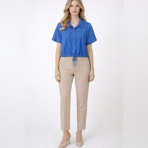 Simply Vera Wang Large Button Front Shirt Blue Drawstring Cord Hem Career Collar